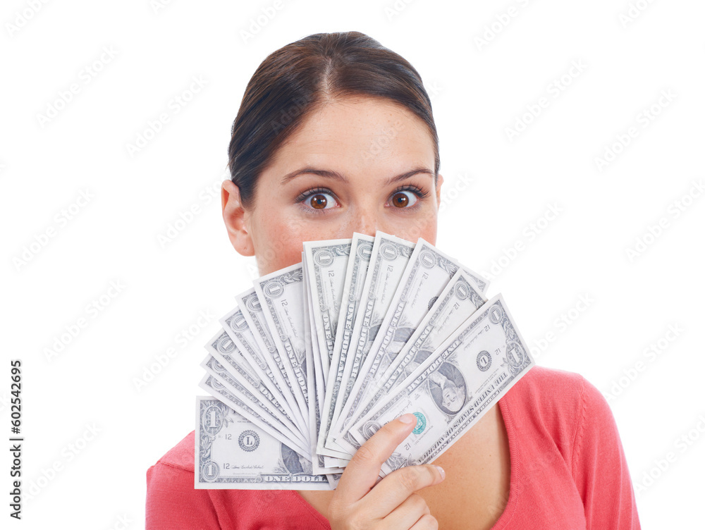 Finance, money and winner with portrait of woman for investment, success and growth. Cash, dollar and wow with girl customer hiding isolated on white background for financial, deal and promotion Finance, money and winner with portrait of woman for investment, success and growth. Cash, dollar and wow with girl customer hiding isolated on white background for financial, deal and promotion
