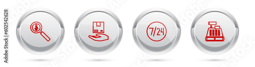 Set line Magnifying glass and dollar, Delivery hand with boxes, Clock 24 hours and Cash register machine. Silver circle button. Vector