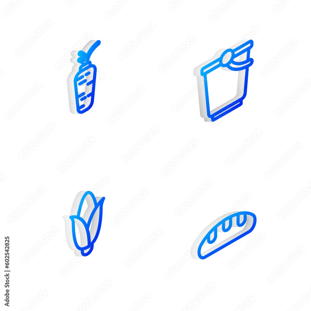 Set Isometric line Bucket, Carrot, Corn and Bread loaf icon. Vector Set Isometric line Bucket, Carrot, Corn and Bread loaf icon. Vector