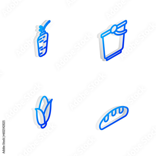 Set Isometric line Bucket, Carrot, Corn and Bread loaf icon. Vector