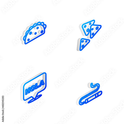 Set Isometric line Nachos, Taco with tortilla, Hola and Cigar icon. Vector