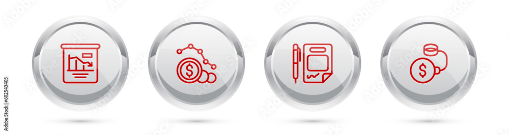 Set line Pie chart infographic, Dollar rate decrease, Contract money and pen and Debt ball chained to coin. Silver circle button. Vector Set line Pie chart infographic, Dollar rate decrease, Contract money and pen and Debt ball chained to coin. Silver circle button. Vector