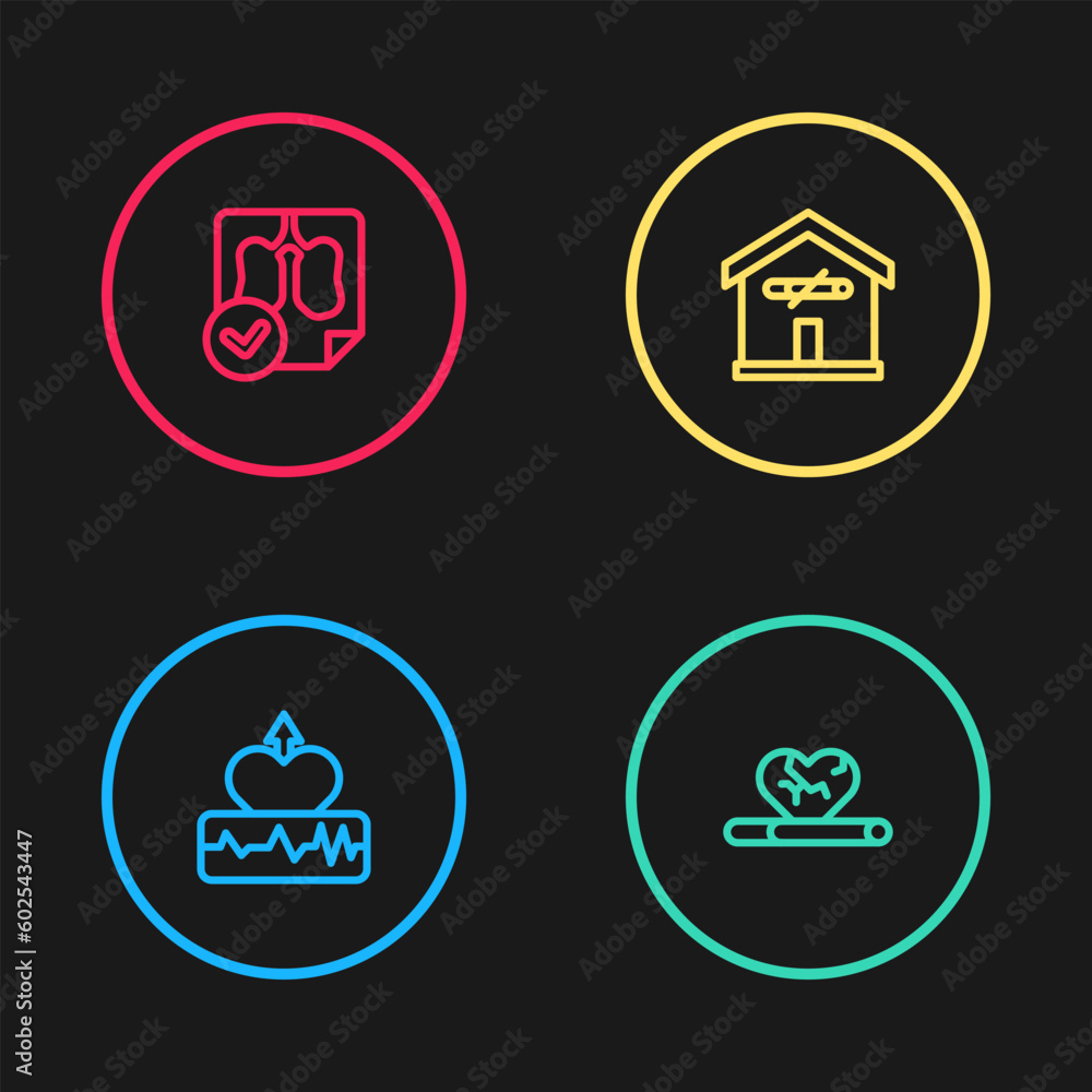 Set line Heartbeat increase, disease with smoking, No home and Lungs x-ray diagnostics icon. Vector Set line Heartbeat increase, disease with smoking, No home and Lungs x-ray diagnostics icon. Vector