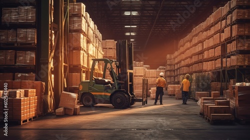 Photo of a large warehouse with goods, a loader sorts goods. Forklift loads pallets and boxes in warehouse. Generative AI