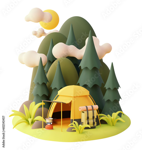 Vector camping tent in the forest. Campsite, pine trees and mountains with clouds. Gas stove or cooker, tent, backpack. Tourist cooking food on fire. Camping adventures