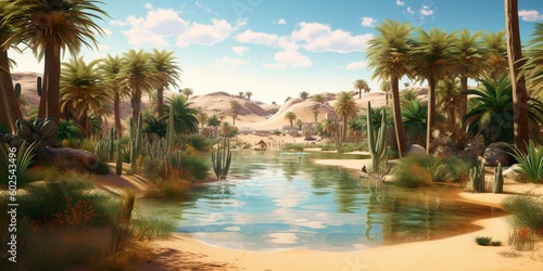 Tropical landscape with palm trees and a lake  a 3D render scene realized with Generative AI