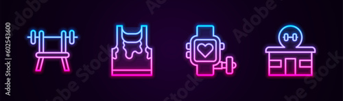 Set line Bench with barbell, Sweaty sleeveless t-shirt, Smart watch heart and Gym building. Glowing neon icon. Vector