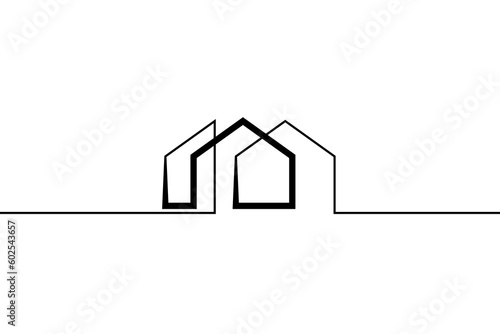 One continuous line. Minimalist home logo design. Thick bold line. Linear house design. One continuous line drawn isolated, white background.
