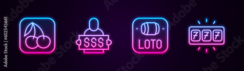 Set line Slot machine with cherry, Winner holding prize ticket, Lottery and jackpot. Glowing neon icon. Vector