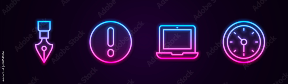 Set line Fountain pen nib, Speech bubble and Exclamation, Laptop and Clock. Glowing neon icon. Vector Set line Fountain pen nib, Speech bubble and Exclamation, Laptop and Clock. Glowing neon icon. Vector