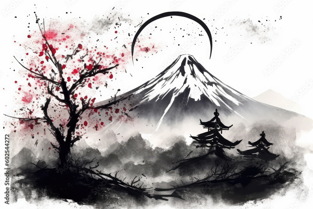 Japan traditional sumie painting and Indian ink concept illustration