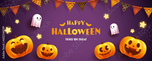 ハロウィンのカボチャのランタンやお化けのベクターイラスト。紫色の背景。