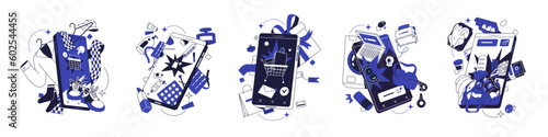 Online stores, internet shops in mobile phones, smartphones set. Ecommerce, virtual electronic trade and delivery, digital marketplace concept. Flat vector illustrations isolated on white background