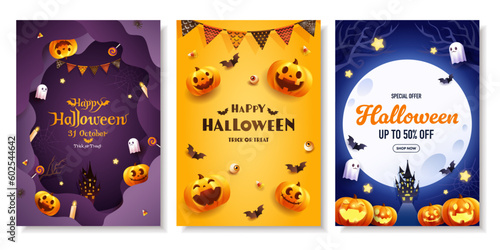 ハロウィーンのベクターイラストセット。縦長のかわいい背景。