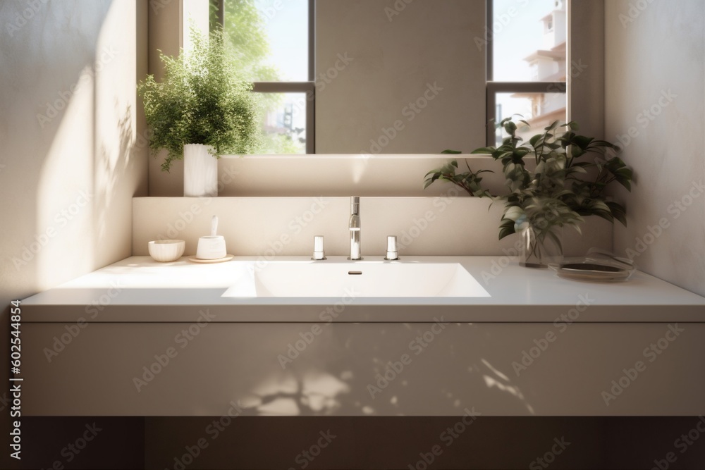 interior luxury bathroom faucet plant modern sink house counter sunlight design. Generative AI. interior luxury bathroom faucet plant modern sink house counter sunlight design. Generative AI.