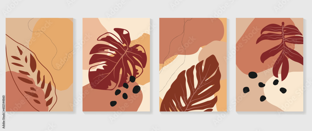 Set of abstract foliage wall art vector. Leaves, organic shapes, earth tone colors, leaf branch in line art style. Wall decoration collection design for interior, poster, cover, banner. Set of abstract foliage wall art vector. Leaves, organic shapes, earth tone colors, leaf branch in line art style. Wall decoration collection design for interior, poster, cover, banner.