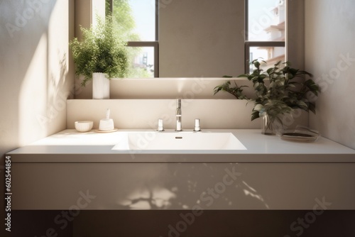 interior luxury bathroom faucet plant modern sink house counter sunlight design. Generative AI.