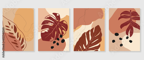 Set of abstract foliage wall art vector. Leaves, organic shapes, earth tone colors, leaf branch in line art style. Wall decoration collection design for interior, poster, cover, banner. © TWINS DESIGN STUDIO