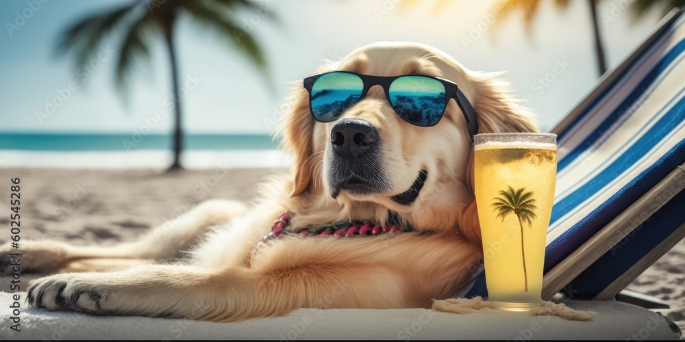 Golden Retriever dog is on summer vacation at seaside resort and relaxing rest on summer beach of Hawaii Generative AI - obrazy, fototapety, plakaty 