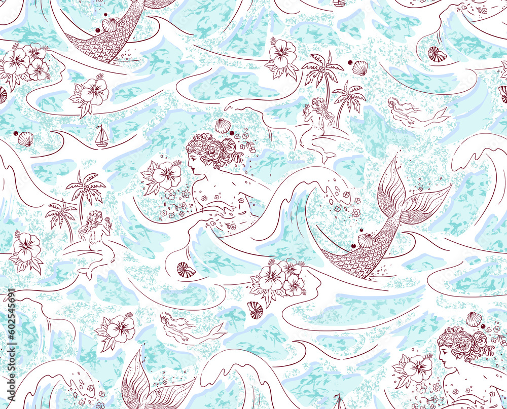 Seamless trendy trendy stylish romantic beautiful marine linear digital fairy tale pattern with a mermaid and seashells for textiles, printing, decor on a white background.