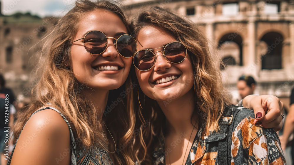 Portrait of two young sisters on vacation in Rome, posing in front of the Colosseum. Generative AI Portrait of two young sisters on vacation in Rome, posing in front of the Colosseum. Generative AI