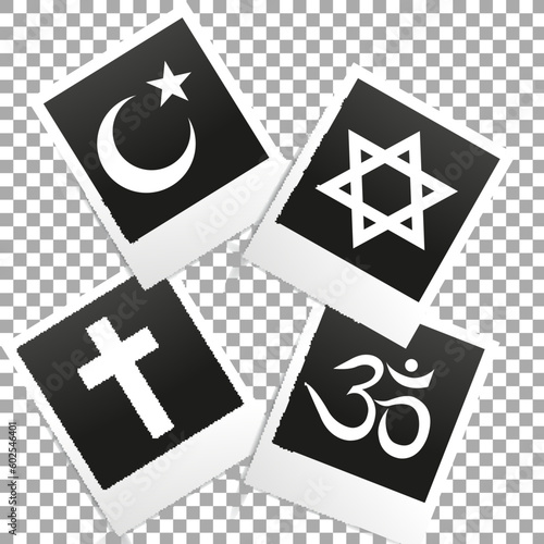 Photo frame on transparent background with world religion symbols - Christianity, Islam, Hinduism and Judaism. Vector illustrator