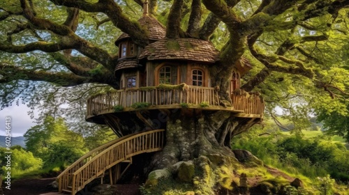 Stunning Arboreal Dwelling Tucked into an Ancient Grandiose Tree  Emblematic of Exploration and Harmony with the Natural World in 16 9 Aspect Ratio  Generative AI Illustration
