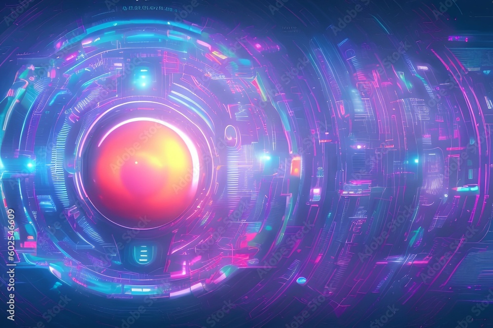 Fototapeta premium Abstract Planetary Retro Futuristic Cyberpunk Art Background, Technology 80s Cyber Style, Neon Space - generative ai