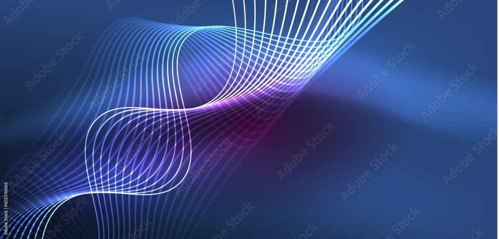 Shiny glowing neon wave. Neon light or laser show, electric impulse, power lines, techno quantum energy impulse, magic glowing dynamic lines Shiny glowing neon wave. Neon light or laser show, electric impulse, power lines, techno quantum energy impulse, magic glowing dynamic lines