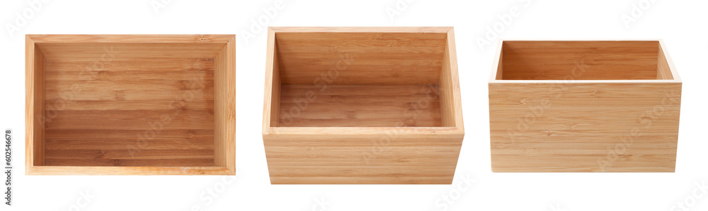 Empty rustic wooden box isolated on white. Different variants set. top Empty rustic wooden box isolated on white. Different variants set. top