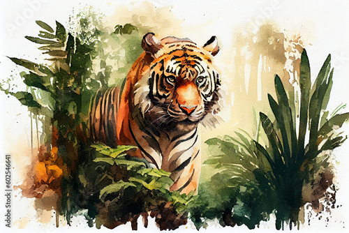A tiger in the tropical jungle, watercolor painting style, generative ai illustration