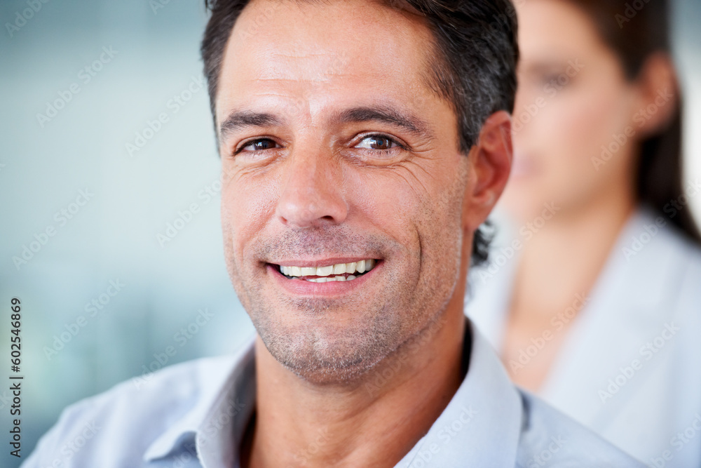 Fototapeta premium Face, smile and business man in office with pride for career, job or occupation. Professional, male entrepreneur and portrait of happy executive, mature boss or person from Australia in workplace.