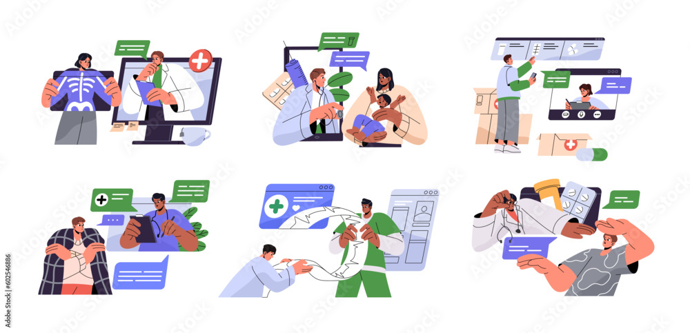 Online pharmacy set. Customers in internet medical shops, drug stores. Virtual health technology, prescriptions and pharmacists, doctors. Flat graphic vector illustrations isolated on white background