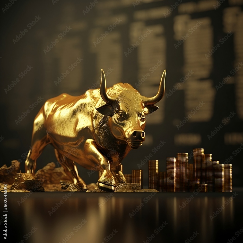 golden bull, stock chart, growth, finance, gold coins golden bull, stock chart, growth, finance, gold coins