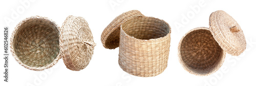 Different variants empty straw baskets isolated on white. Wicker decor for bathroom