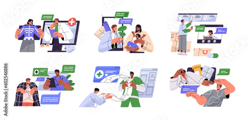 Online pharmacy set. Customers in internet medical shops, drug stores. Virtual health technology, prescriptions and pharmacists, doctors. Flat graphic vector illustrations isolated on white background