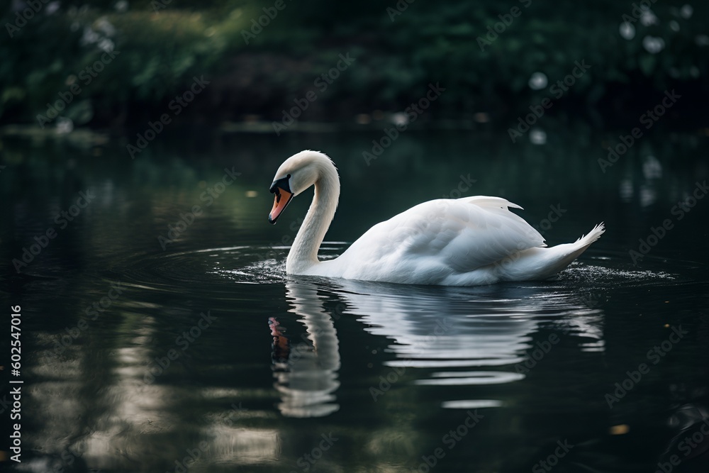 A beautiful white swan gracefully swimming in a tranquil pond - Generative AI A beautiful white swan gracefully swimming in a tranquil pond - Generative AI
