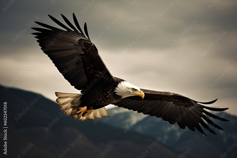 Naklejka premium A majestic bald eagle soaring high in the sky with its wings spread wide - Generative AI