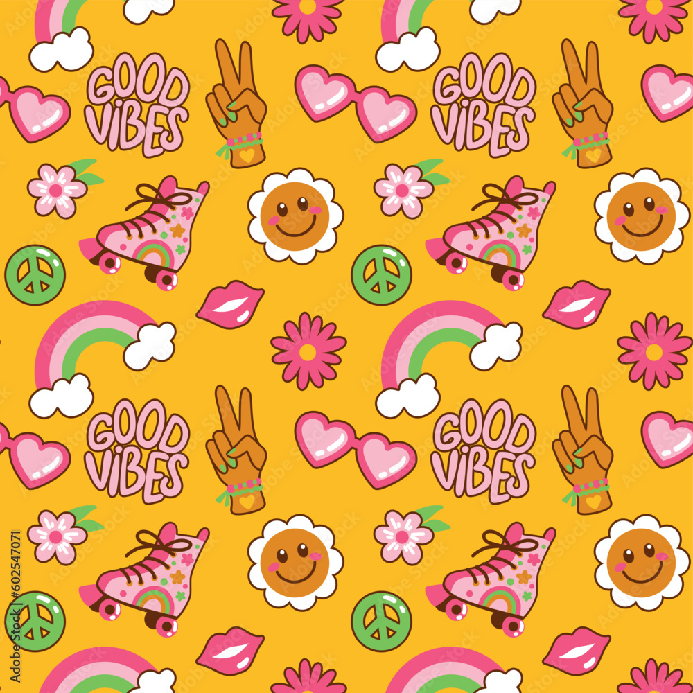 70's hippie print. Peace symbol, smiling flowers, roller skates. Seamless pattern. Vector.