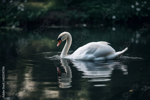 A beautiful white swan gracefully swimming in a tranquil pond - Generative AI