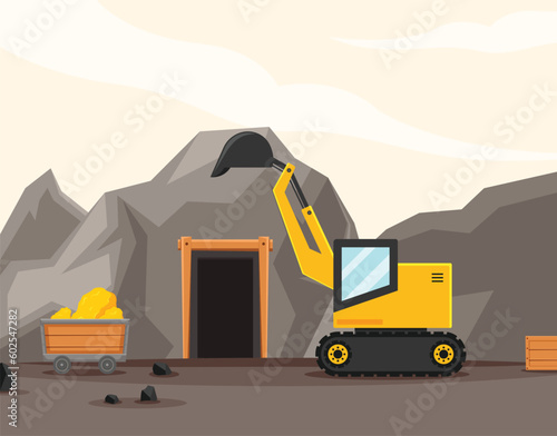 A cartoon of a yellow excavator with a cart full of gold coins