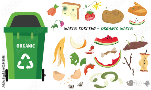 Organic garbage with leftover food, fruit peel, apple core, egg shell, bone, moldy bread, sprouting potato. Green lifestyle. Decomposable waste. Cartoon vector isolated on white 