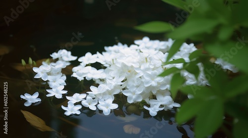 Ultra High Resolution Ivory Jasmine Blooms Drifting in Stoneware Water Basin, Traditional Oriental Garden Ambience, Sophisticated Calmness in 16:9 Aspect Ratio, Generative AI Illustration