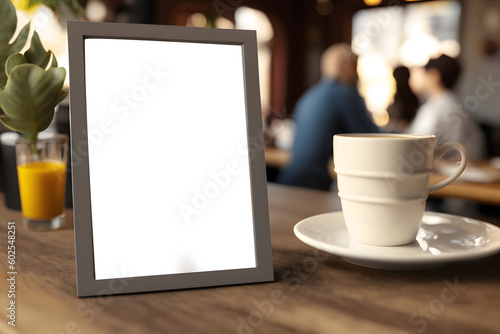 Mockup of a photo frame in a cozy cafe with coffe and food