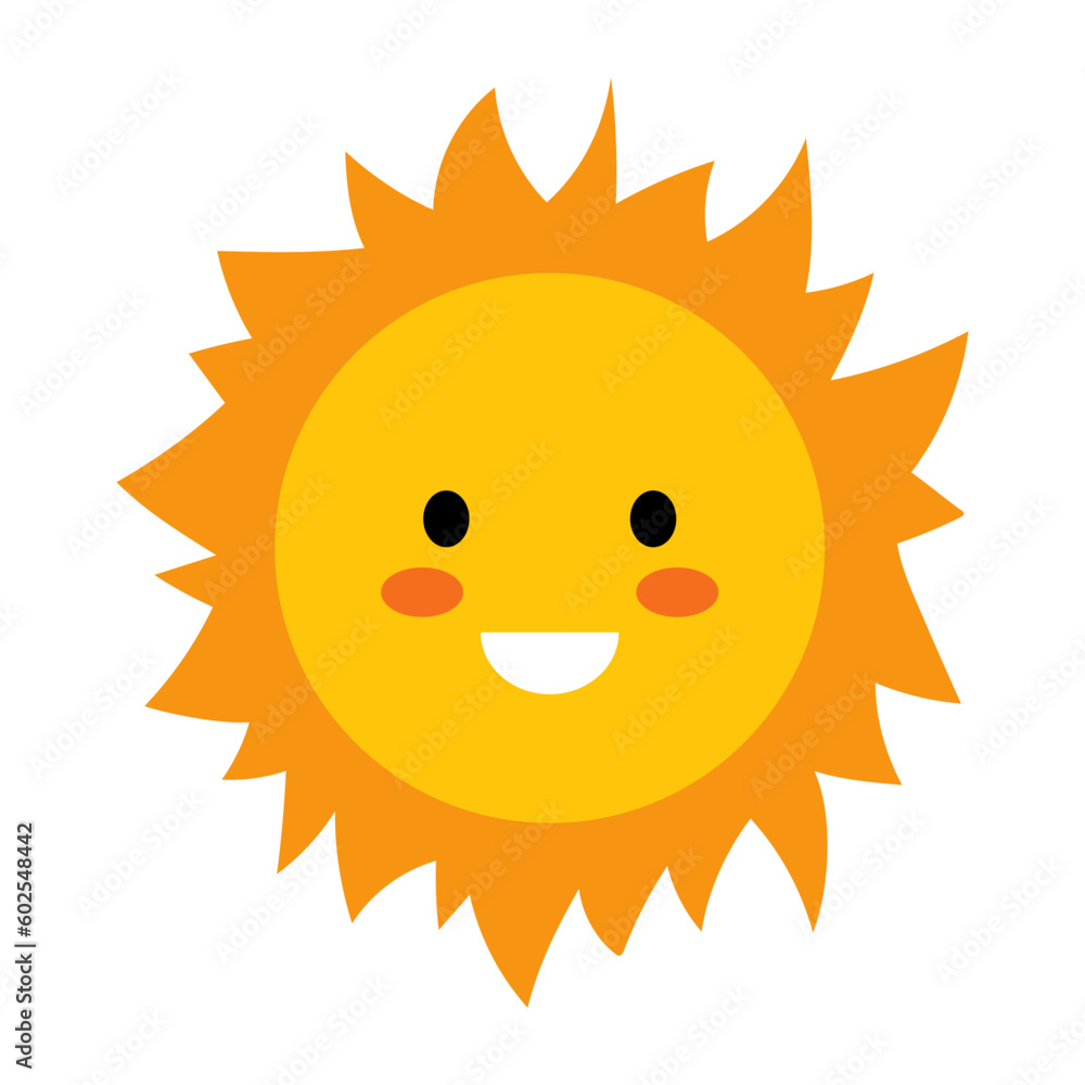 Vector smiling sun in flat design. Funny sun with face. Childish cute sunshine emoji. Simple kawaii sun with sunbeams. Baby sunshine with blush.