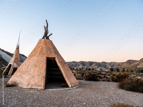 Obraz na płótnie Great view of the Tipi, the traditional home of north American tribes, film set in Almeria, Andalucia, Spain. w salonie