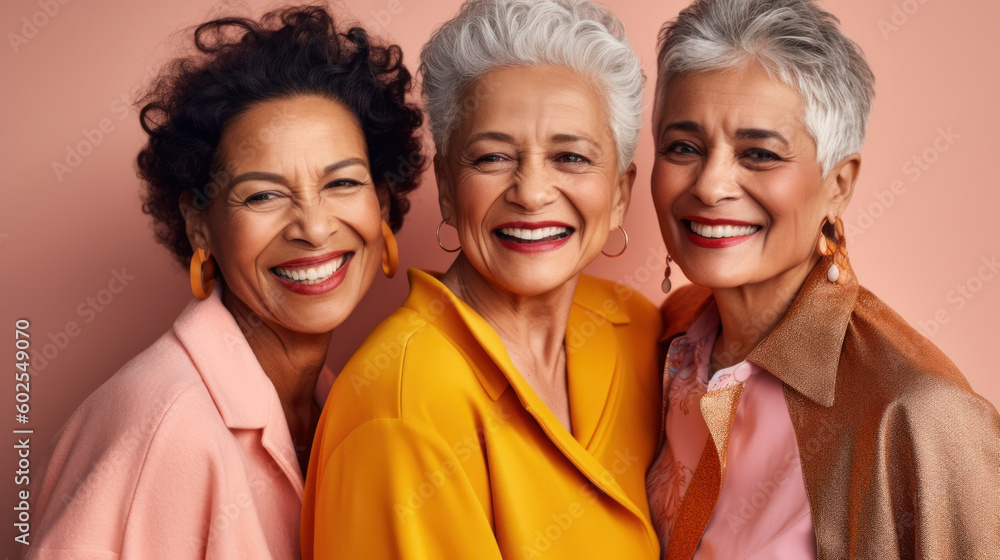 Joyful senior women celebrate their friendship in colorful style. Generative AI