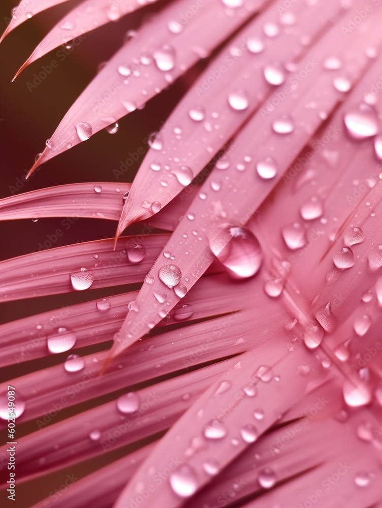 Water droplets on a Pink Palm Leaves - obrazy, fototapety, plakaty 