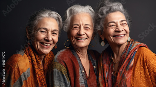 Aging gracefully, three beautiful women pose in a studio setting. Generative AI