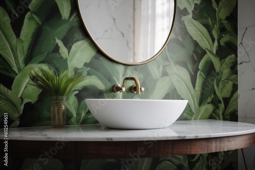 leaf white bathroom space green tropical sink home copy interior design clean. Generative AI.